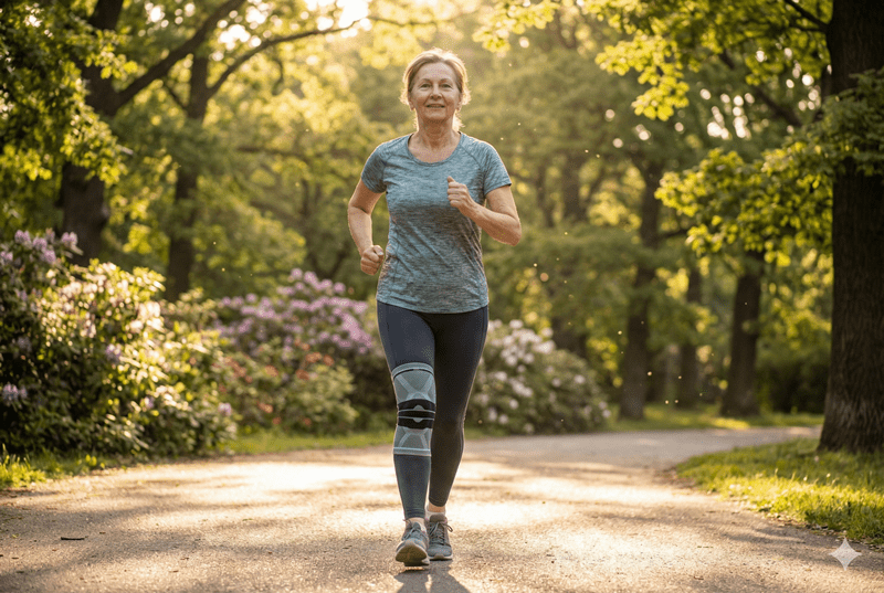 Active senior woman smiling while brisk walking in park wearing Modvel compression knee sleeve for mechanical support.