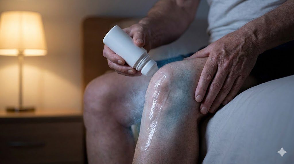 A senior person sitting on the edge of a bed at night, applying a cooling roll-on pain relief gel to their knee before sleep, showing a visible cooling vapor effect.