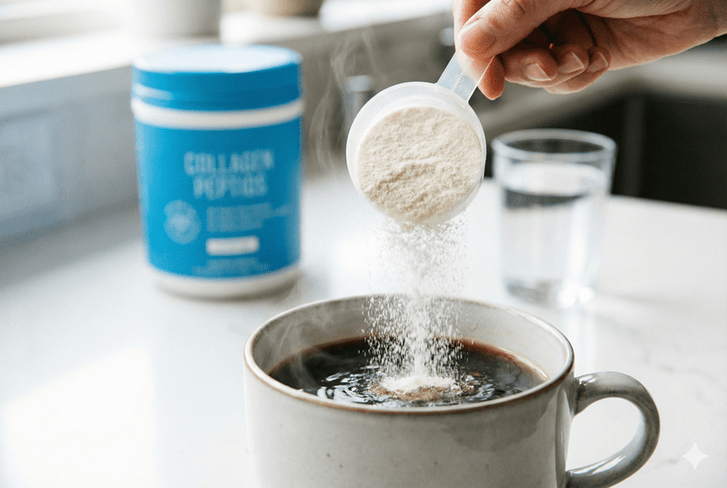 Scoop pouring Vital Proteins collagen peptides into coffee cup, showing easy mixability for joint support routine.