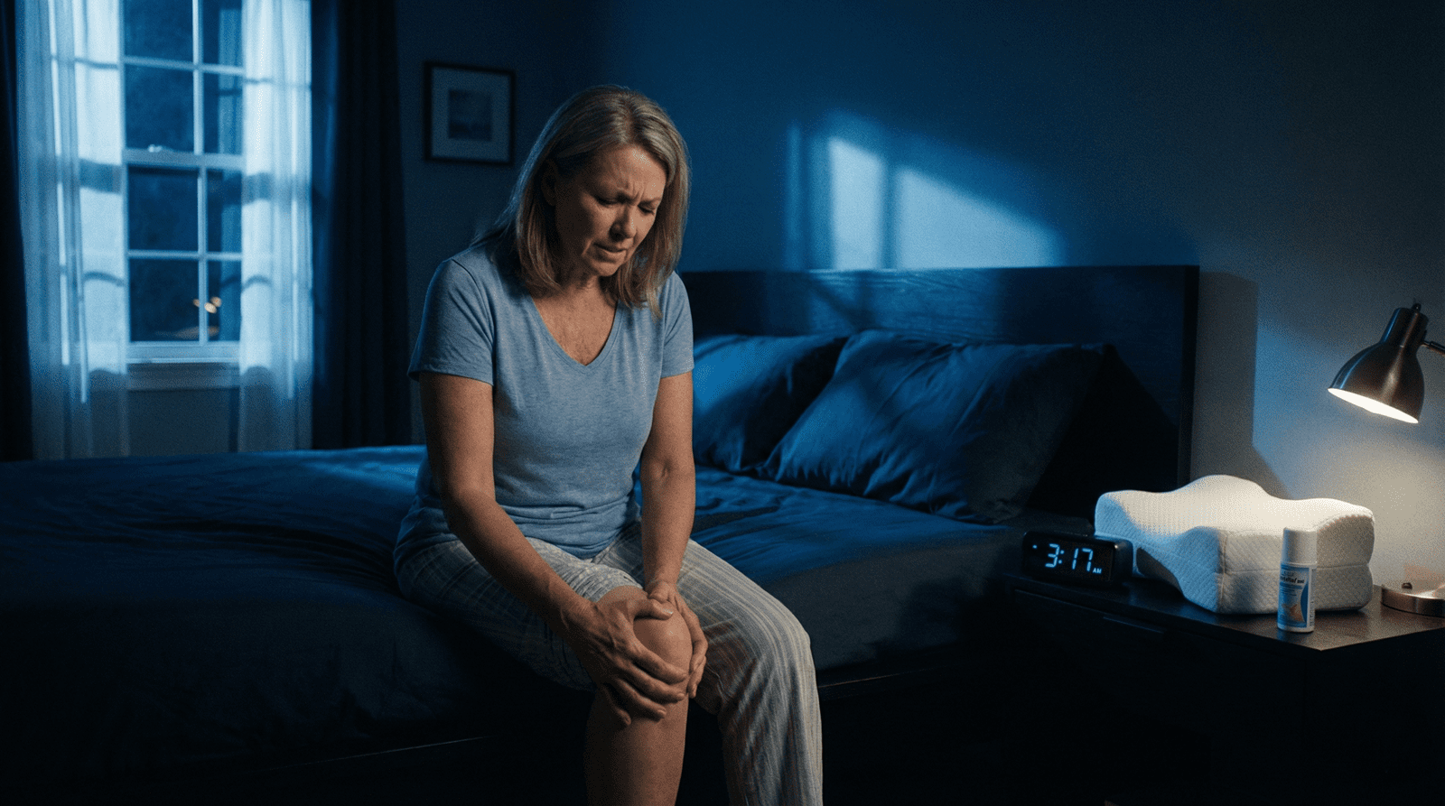 A wide-angle photograph of a woman awake at 3:17 AM with knee pain, sitting on bed next to a nightstand with a knee pillow and pain relief gel, illustrating the article topic.